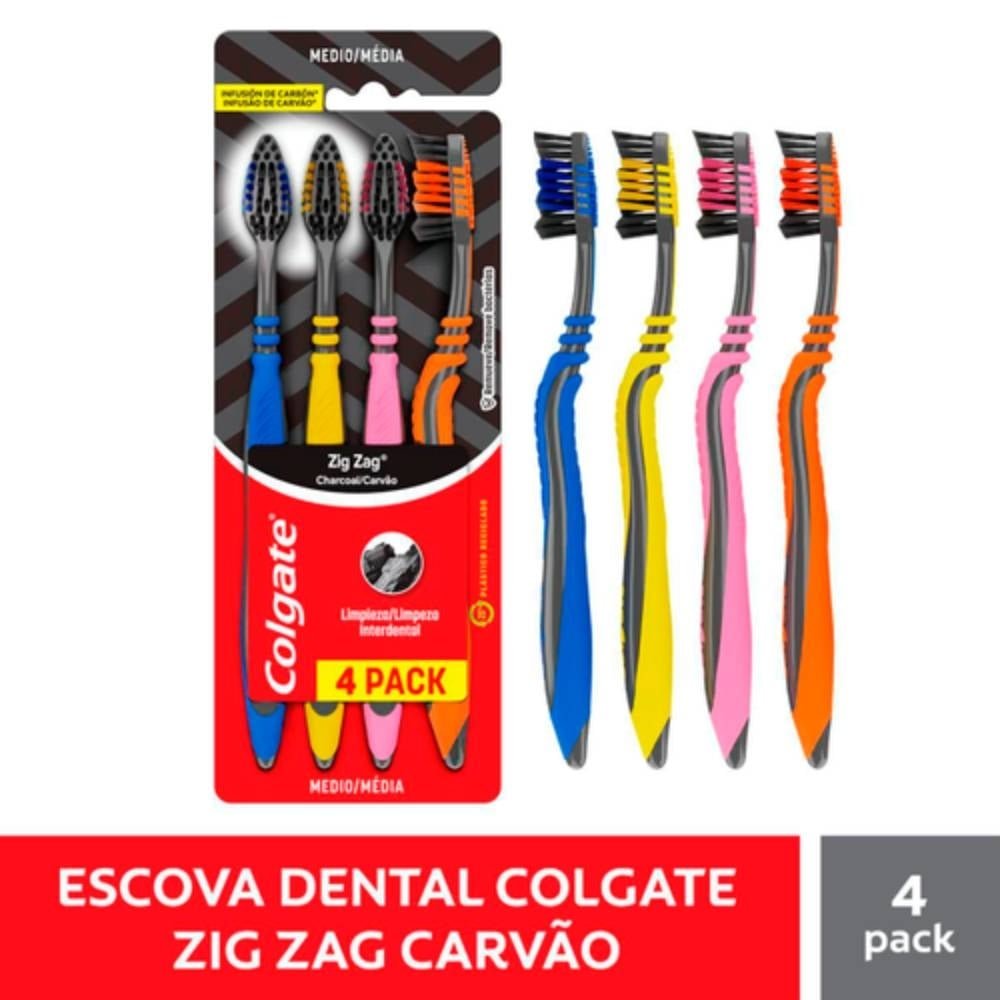 Escova Dental Colgate Zig Zag Carvão Média Embalagem com 4 Unidades