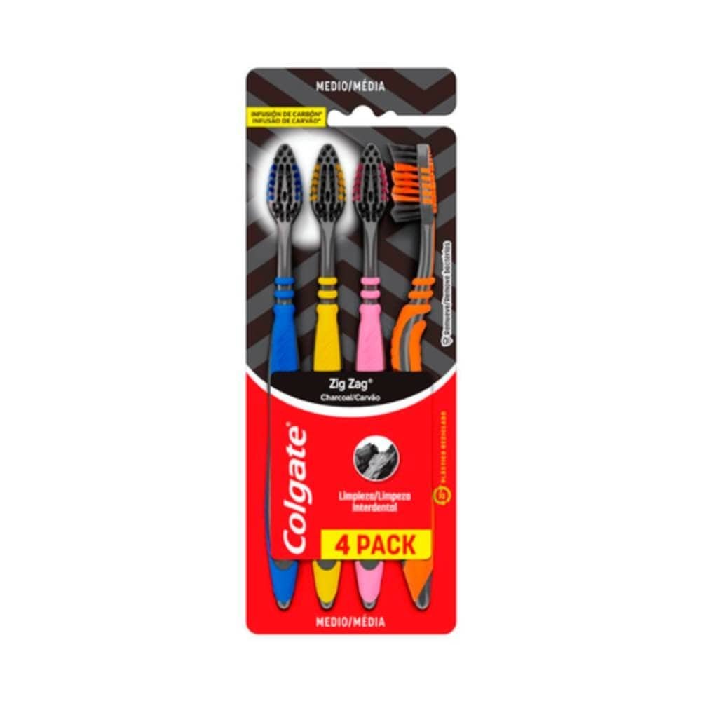 Escova Dental Colgate Zig Zag Carvão Média Embalagem com 4 Unidades