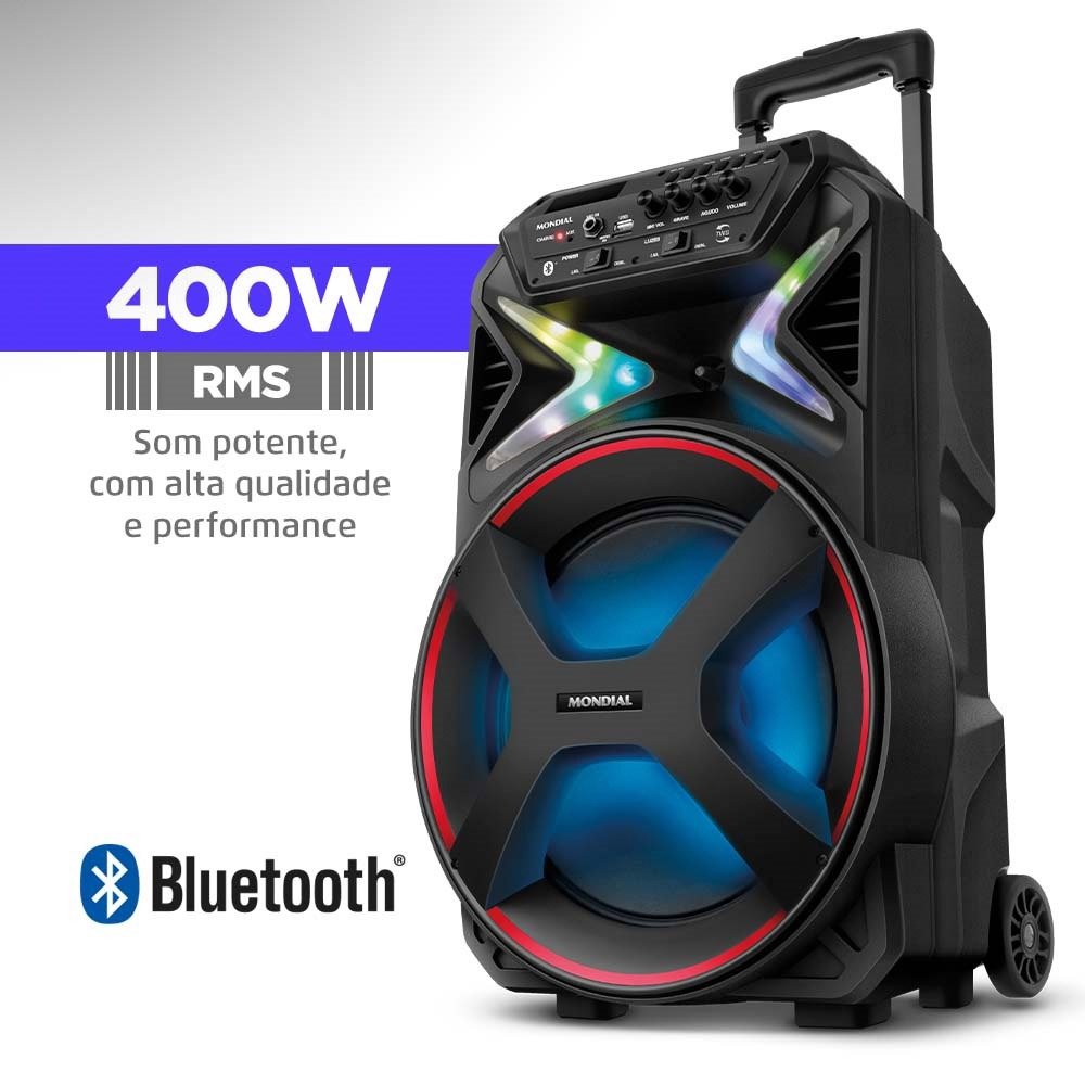 Caixa Amplificada Mondial CM400 - Bluetooth, USB/SD/AUX/MIC/FM, 400W, Bateria Interna, Bivolt