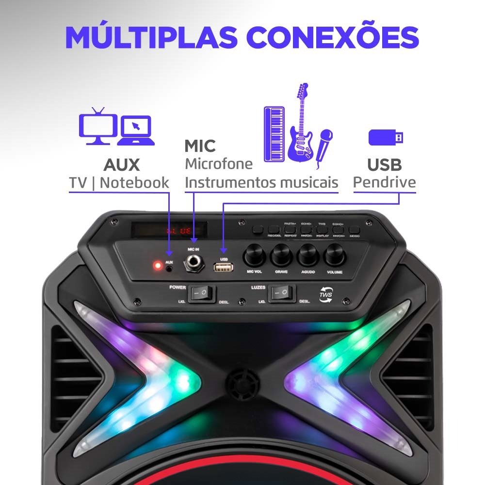 Caixa Amplificada Mondial CM400 - Bluetooth, USB/SD/AUX/MIC/FM, 400W, Bateria Interna, Bivolt