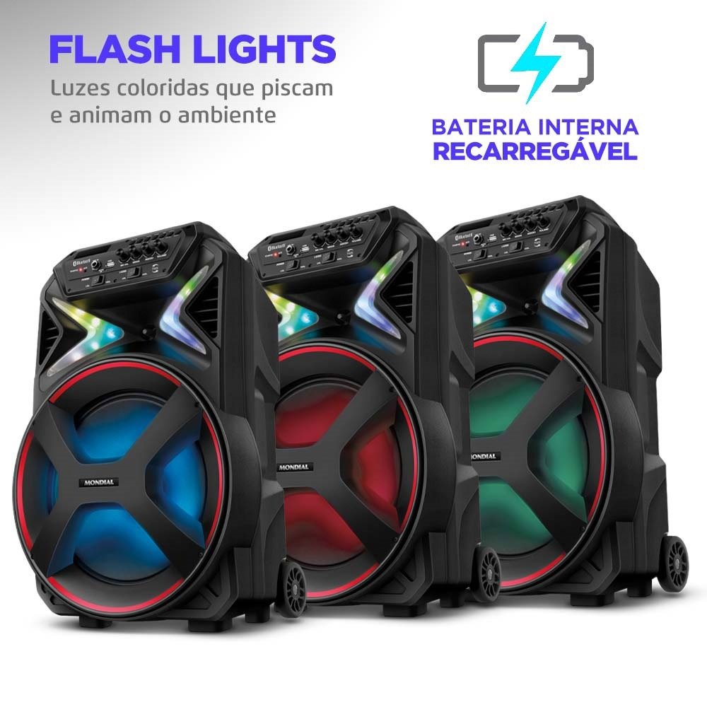 Caixa Amplificada Mondial CM400 - Bluetooth, USB/SD/AUX/MIC/FM, 400W, Bateria Interna, Bivolt