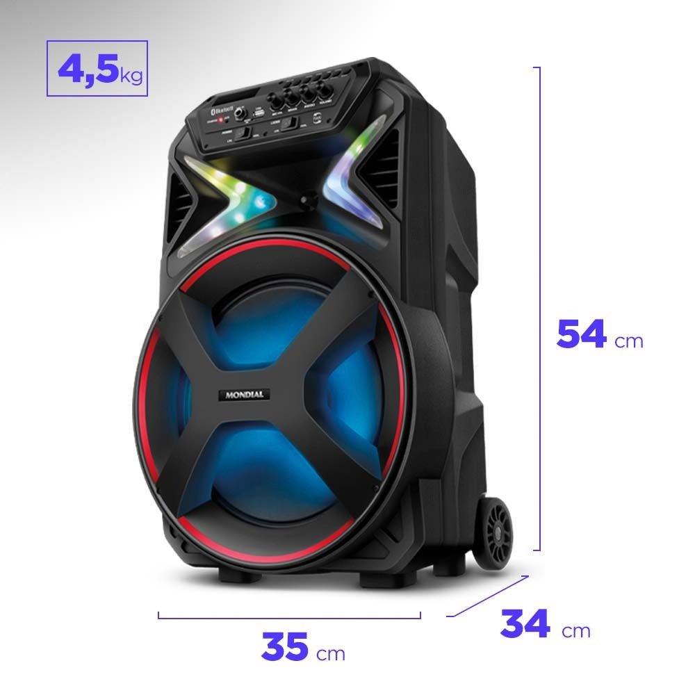 Caixa Amplificada Mondial CM400 - Bluetooth, USB/SD/AUX/MIC/FM, 400W, Bateria Interna, Bivolt