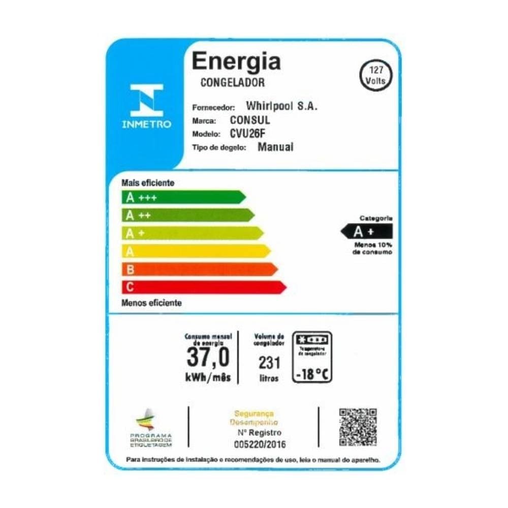 Freezer Vertical Consul 231 Litros CVU26FB, Pés Ajustáveis, Branco, 110V