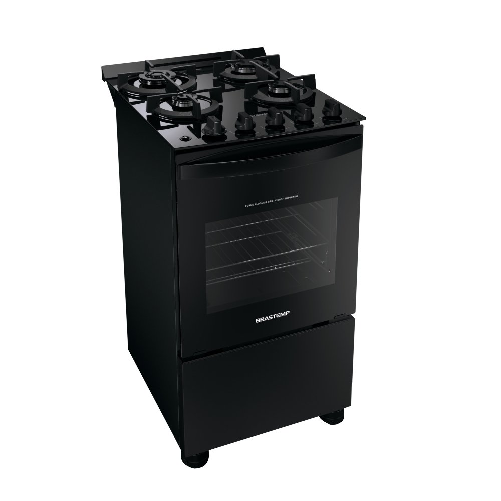Fogão de Piso Brastemp BFO4XAEUNA - Acendimento Automático, Mesa de Vidro, Preto, Bivolt