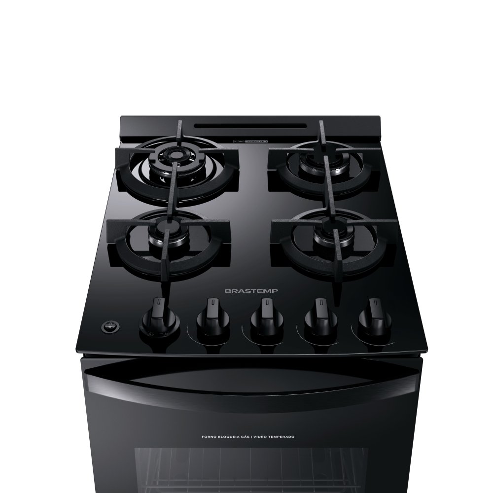 Fogão de Piso Brastemp BFO4XAEUNA - Acendimento Automático, Mesa de Vidro, Preto, Bivolt