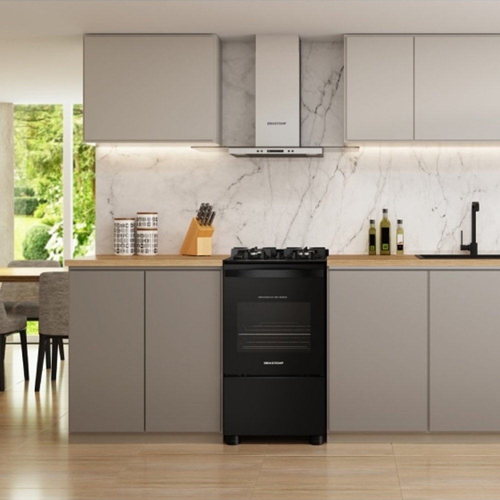 Fogão de Piso Brastemp BFO4XAEUNA - Acendimento Automático, Mesa de Vidro, Preto, Bivolt