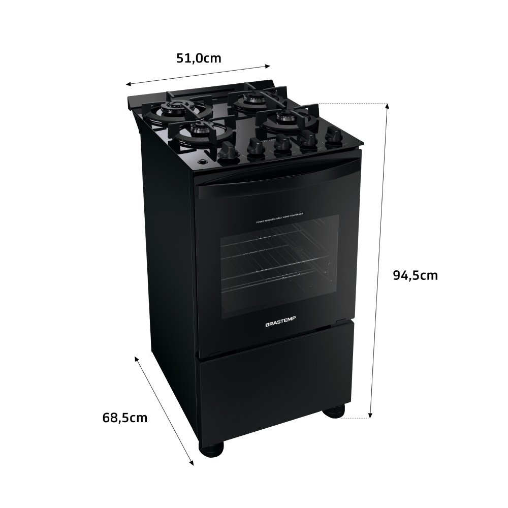 Fogão de Piso Brastemp BFO4XAEUNA - Acendimento Automático, Mesa de Vidro, Preto, Bivolt