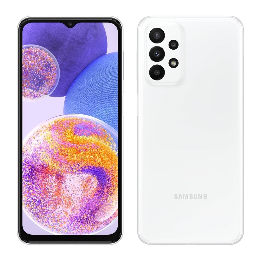 Smartphone Samsung Galaxy A23 Branco, Tela 6.6"- 4G+Wi-Fi+NFC, And. 12, Câm. Tras. em  50+5+2+2MP, Frontal 8MP, 4GB RAM, 128GB