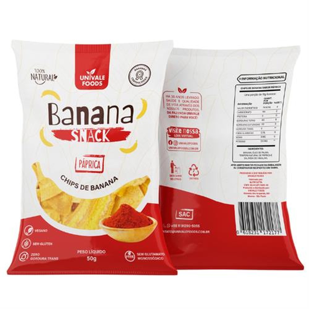 Chips de Banana - Páprica 50g, Caixa com 50 Unidades - UnivaleFoods