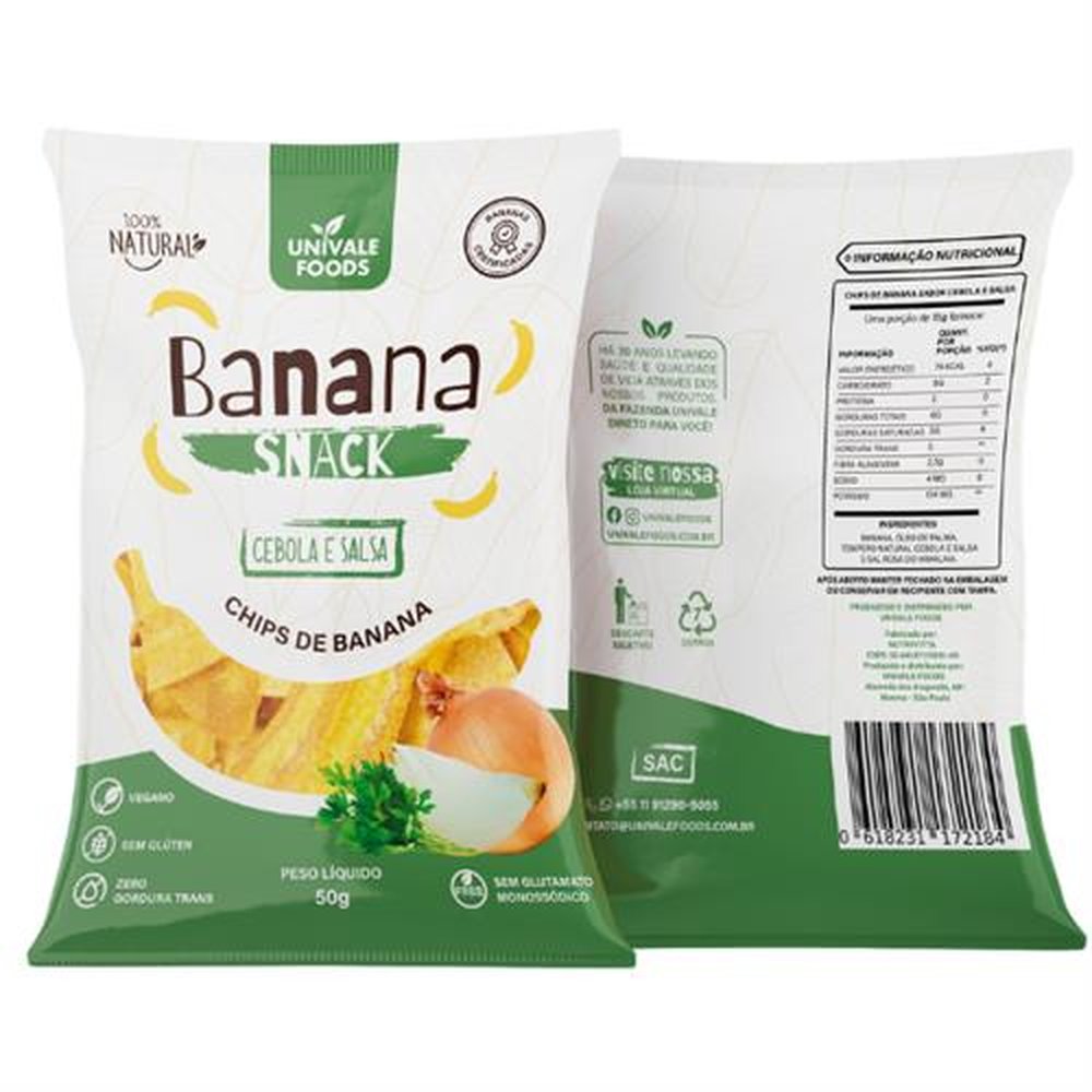 Chips de banana Cebola e Salsa 50g, Caixa com 50 Unidades - UnivaleFoods