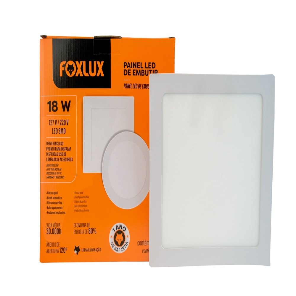 Plafon Painel Foxlux Led 22,5cm Quadrado Embutir 18W 6,5K