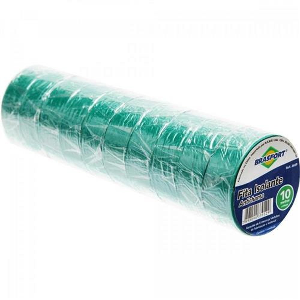 Fita Isolante Antichama 10m Verde Brasfort - Pacote com 10 Unidades