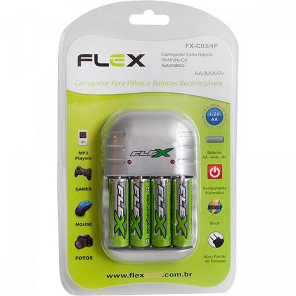 Carregador de Pilhas Fxc03 - 4 Pilhas AA/AAA/9V Flex