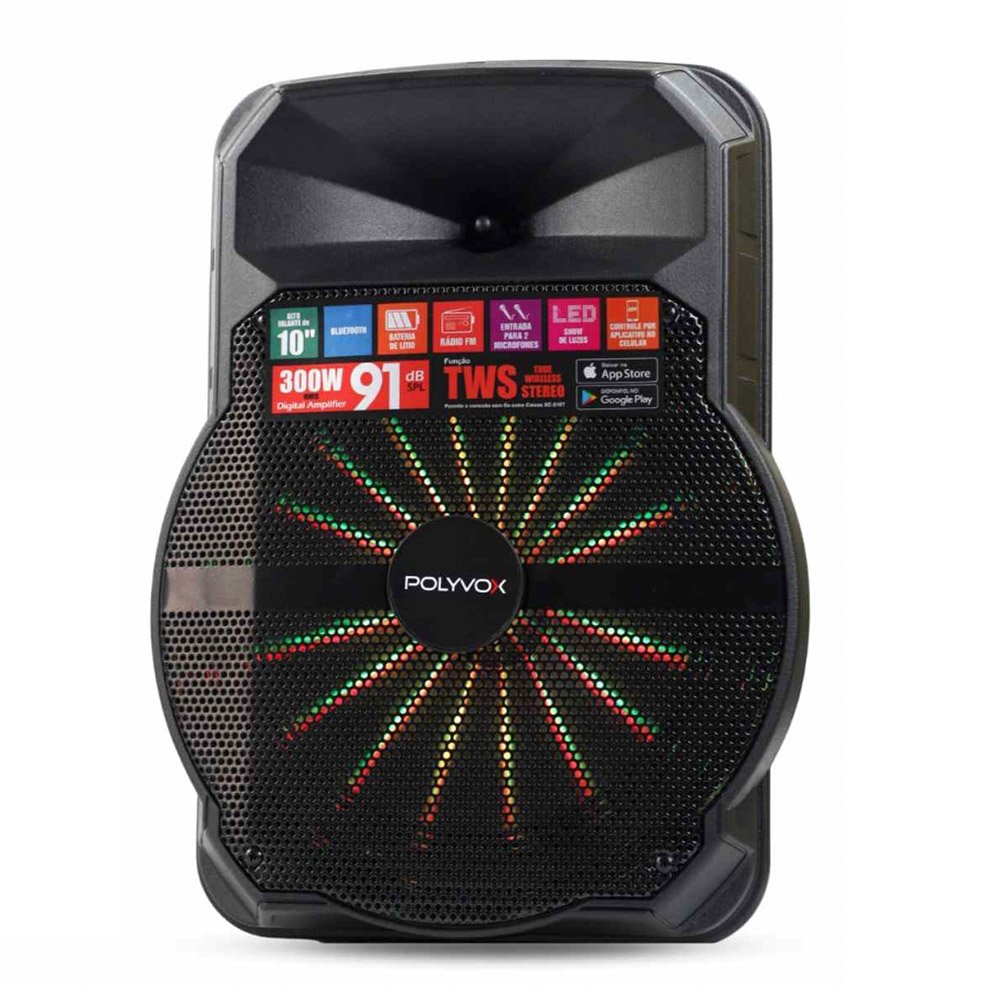 Caixa Amplificada Polyvox XC510T Bluetooh/USB/FM/Bateria/Show de Luzes 300W