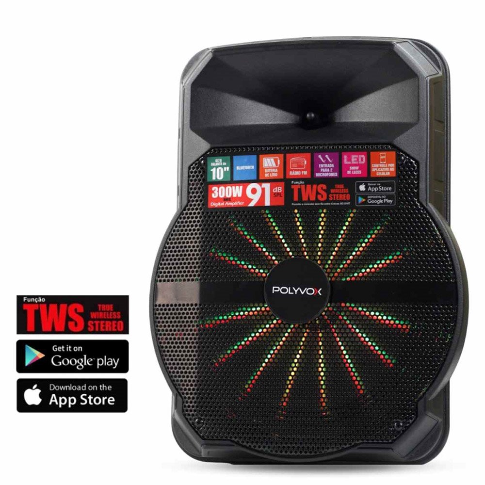 Caixa Amplificada Polyvox XC510T Bluetooh/USB/FM/Bateria/Show de Luzes 300W