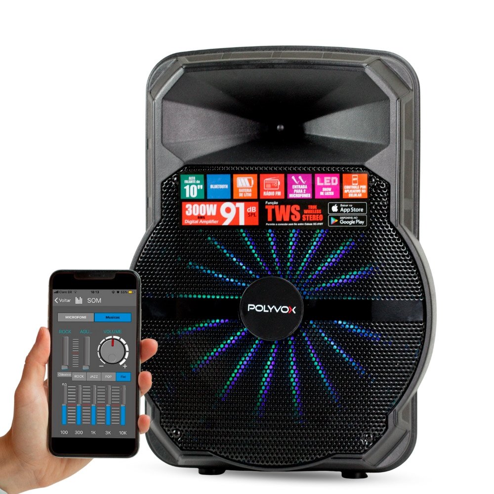 Caixa Amplificada Polyvox XC510T Bluetooh/USB/FM/Bateria/Show de Luzes 300W