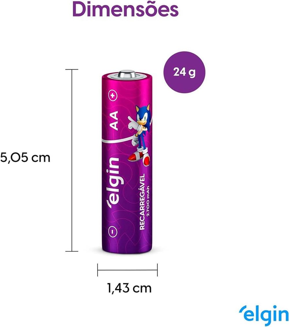 Pilha Recarregavel Elgin 2700mAh, Tipo AA, 2700mAh, Kit Com 2 Unidades
