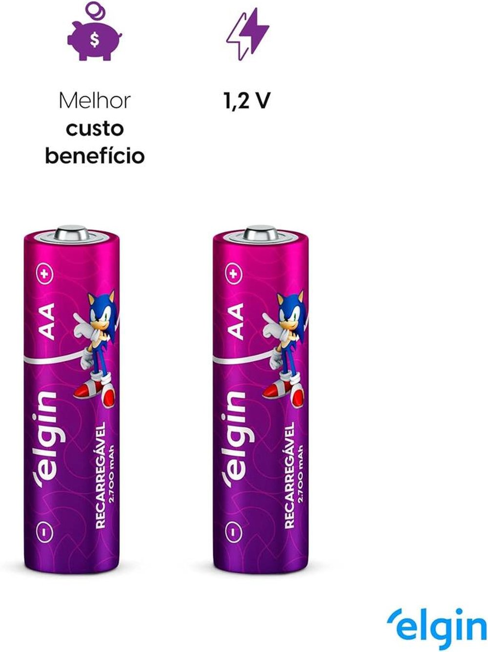 Pilha Recarregavel Elgin 2700mAh, Tipo AA, 2700mAh, Kit Com 2 Unidades