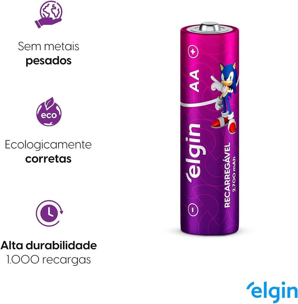 Pilha Recarregavel Elgin 2700mAh, Tipo AA, 2700mAh, Kit Com 2 Unidades