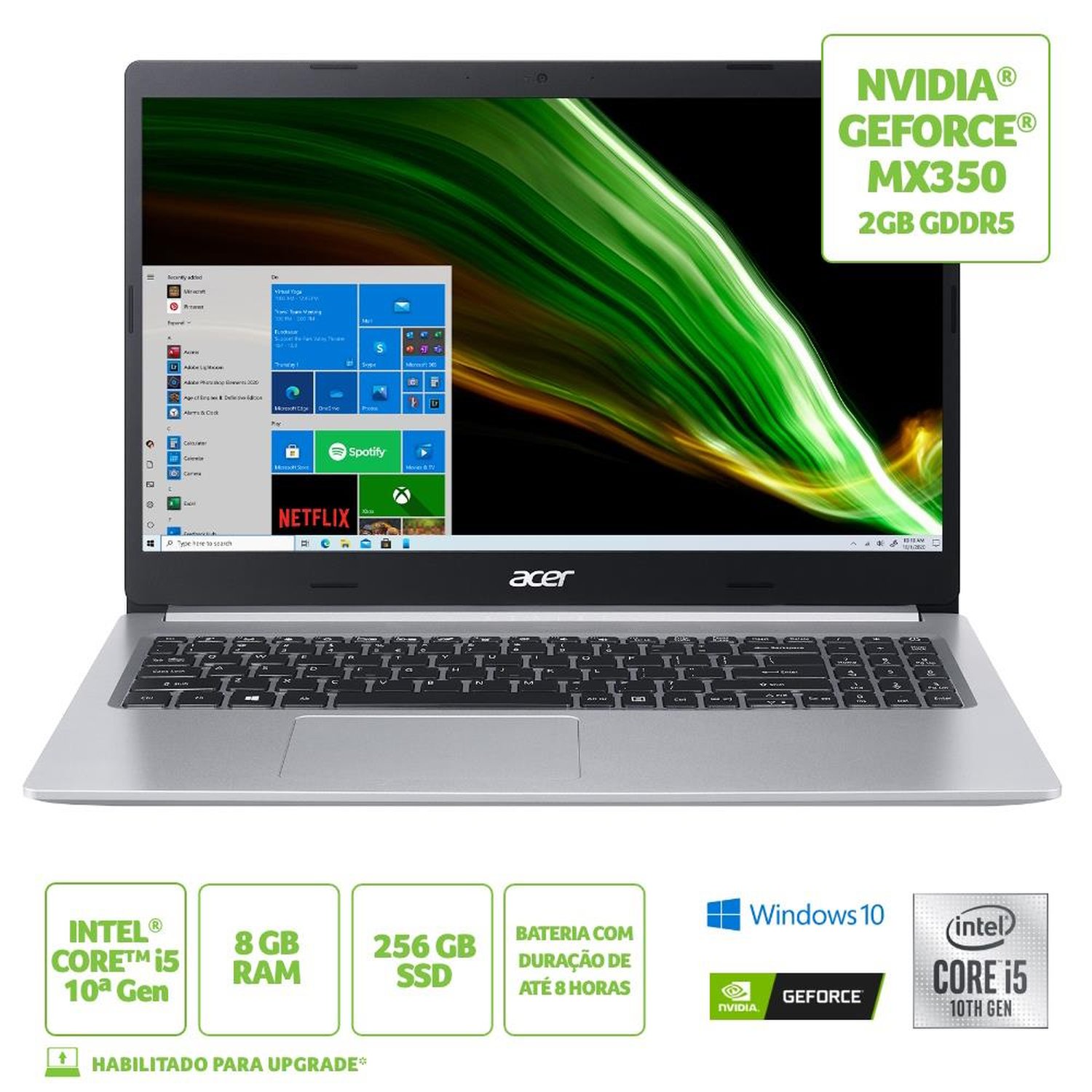 Notebook acer 15,6 fhd a515-55g-588g/ nx.a7mal.001/ i5-1035g1/ 8gb/ 256gb ssd/ w10 home/ geforce mx3
