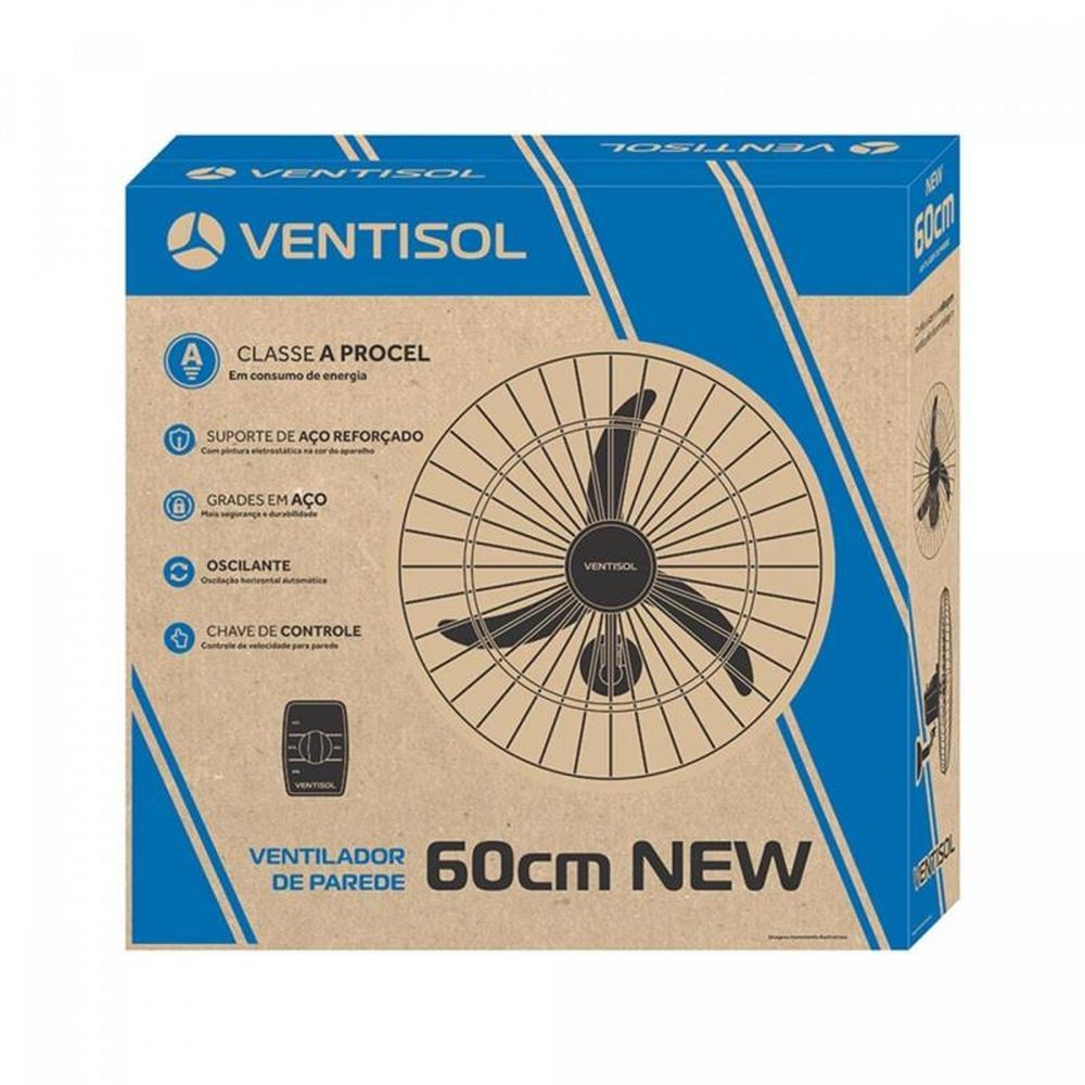 Ventilador Comercial de Parede Ventisol New Premium 60cm - 3 Pás 3 Velocidades Preto 220Volts