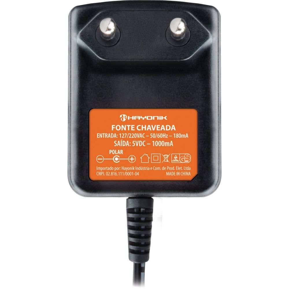 Fonte Chaveada 5VDC 1A 5W P4 C + 2,1mm FCTP5001 Bivolt HAYONIK
