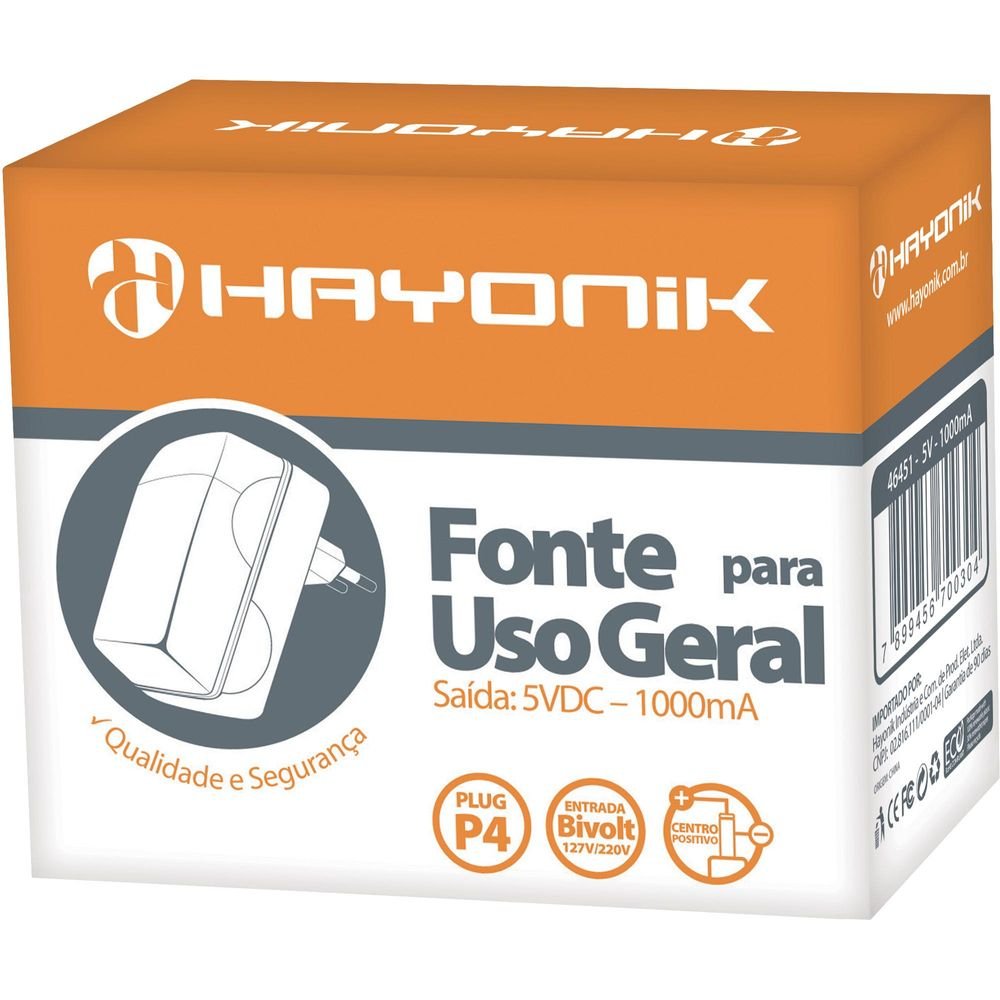 Fonte Chaveada 5VDC 1A 5W P4 C + 2,1mm FCTP5001 Bivolt HAYONIK