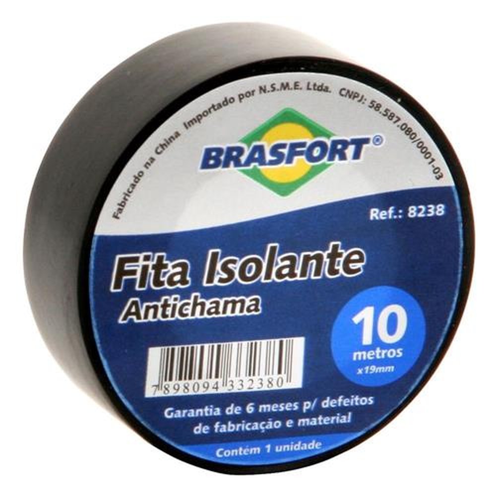 Fita Isolante Antichama Preta 19mm x 10m Brasfort - Pacote com 10 Unidades