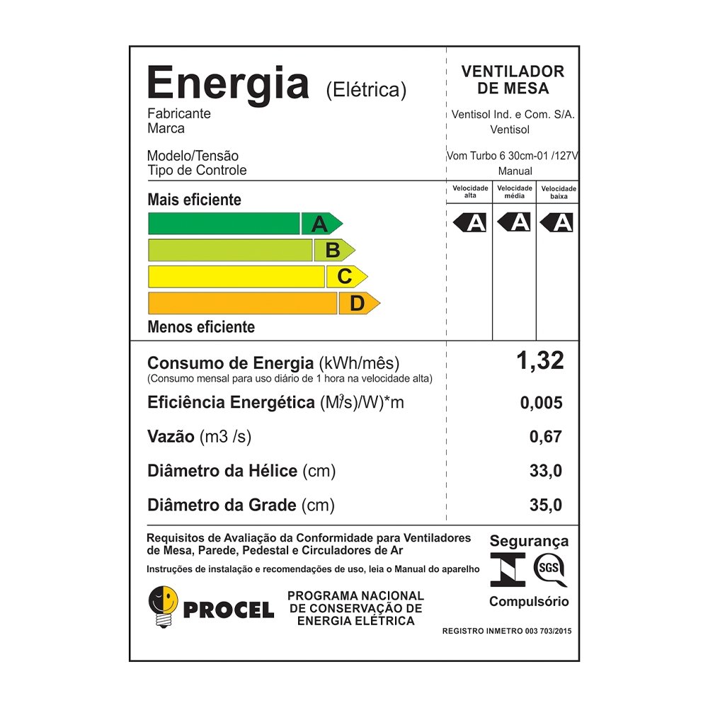 Ventilador de Mesa Ventisol Turbo 6 30cm - 6 Pás, 52W, Preto, 110V