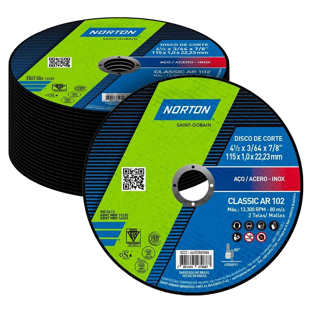 25 Discos de Corte Norton 4.1/2x1/16x7/8" AR102 Classic 115x1,0x22,23mm