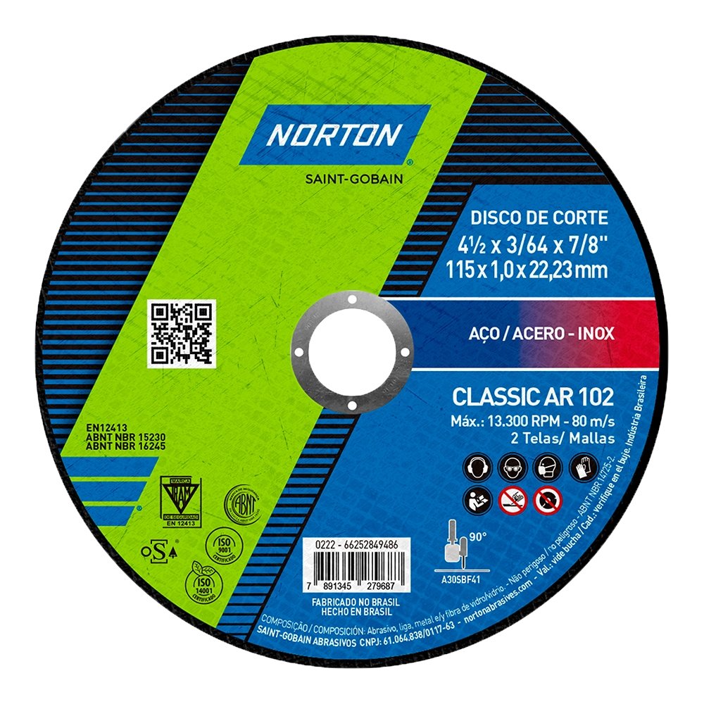 25 Discos de Corte Norton 4.1/2x1/16x7/8" AR102 Classic 115x1,0x22,23mm
