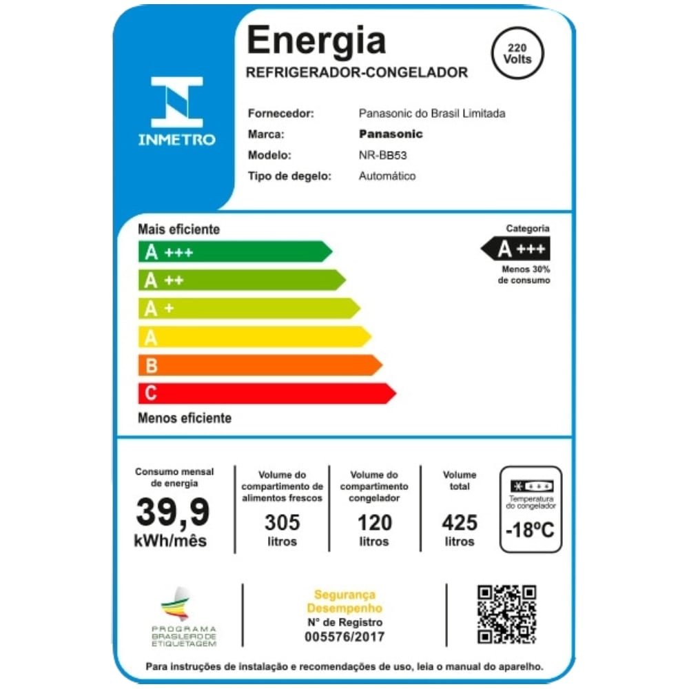 Geladeira/Refrigerador Panasonic 425 Litros A+++ NR-BB53PV3W - 2 Portas, Frost Free, Tecnologia Inverter, Aço Escovado, 220V