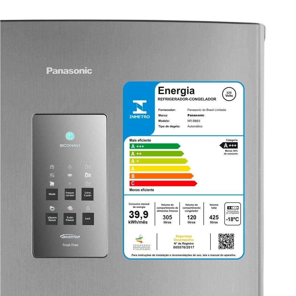 Geladeira/Refrigerador Panasonic 425 Litros A+++ NR-BB53PV3W - 2 Portas, Frost Free, Tecnologia Inverter, Aço Escovado, 220V