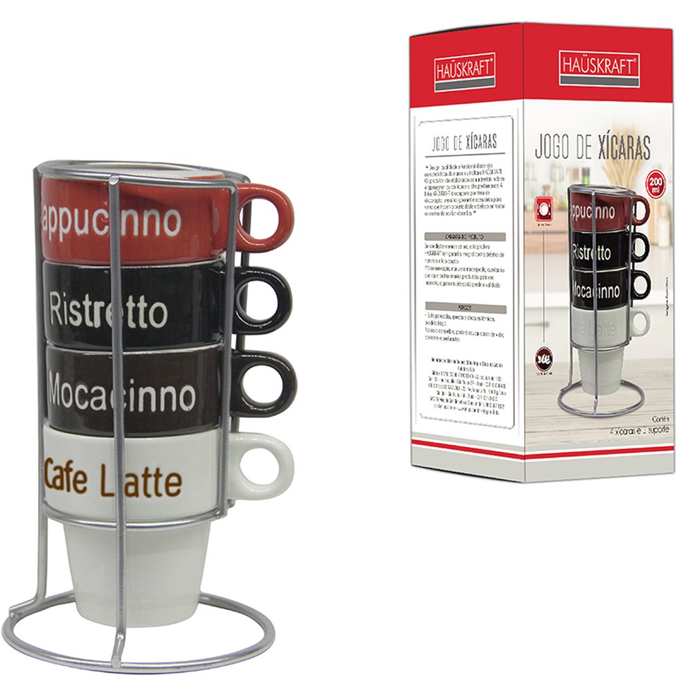 Jogo De Xicaras 200Ml Com Suporte Coloridas 5 Peças - Hauskraft