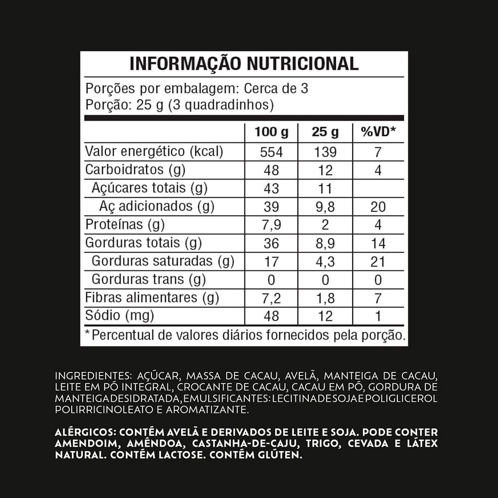 Chocolate Lacta Intense Meio Amargo 40% Cacau Avelã e Crocante de Cacau 85g - Display com 17 Unidades