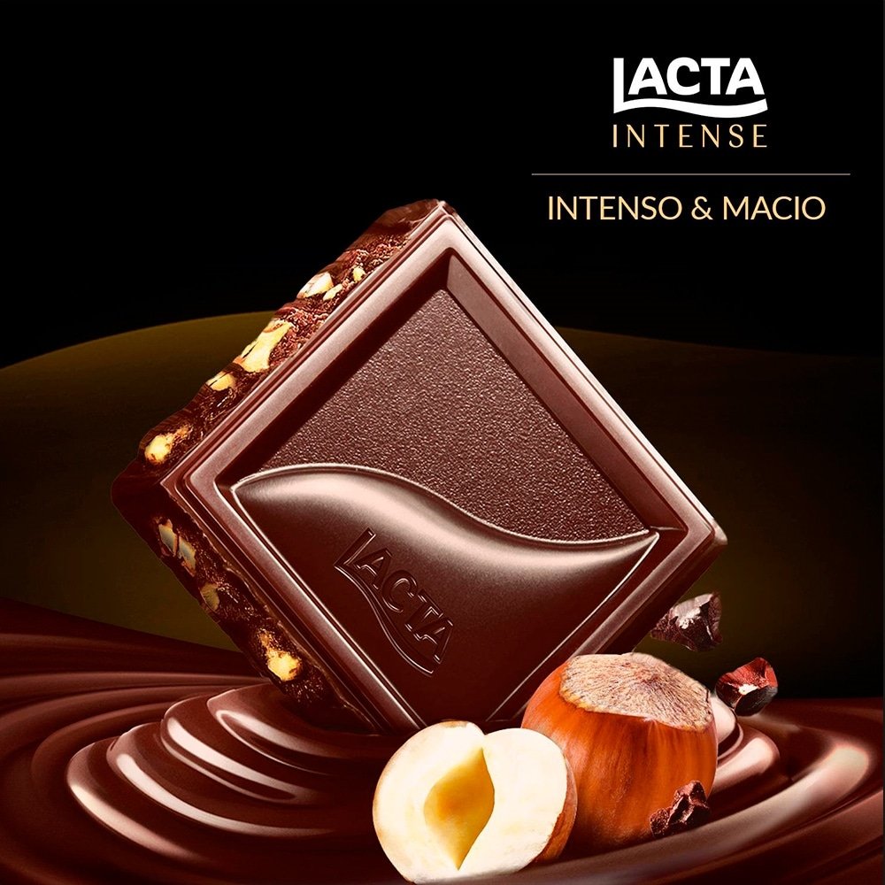 Chocolate Lacta Intense Meio Amargo 40% Cacau Avelã e Crocante de Cacau 85g - Display com 17 Unidades