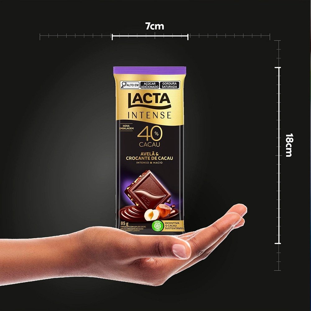 Chocolate Lacta Intense Meio Amargo 40% Cacau Avelã e Crocante de Cacau 85g - Display com 17 Unidades