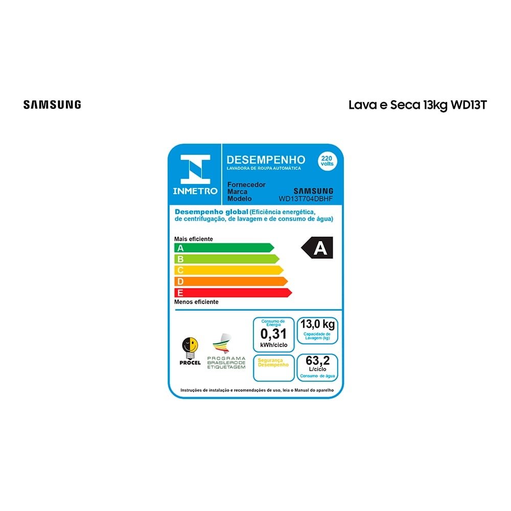 Lava e Seca 13Kg Samsung WD13T Ecobubble Branco 220V