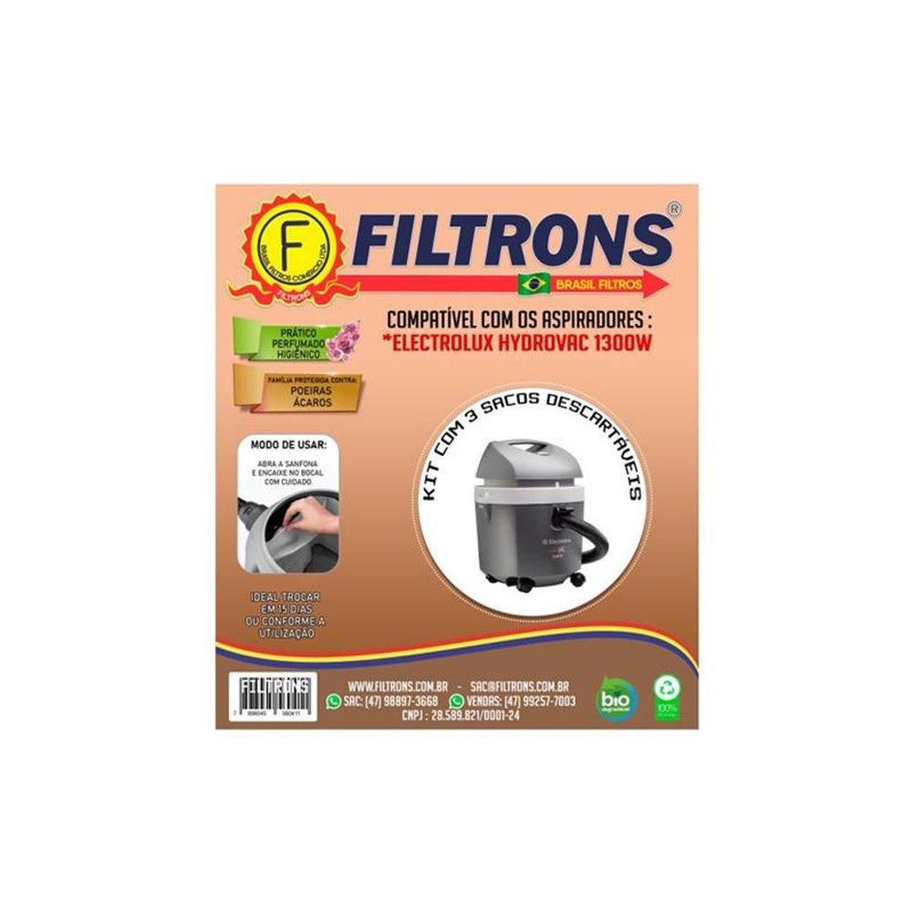 Filtro para Aspirador de Pó Electrolux Hydrovac 1300W com 3 peças 10L Filtrons