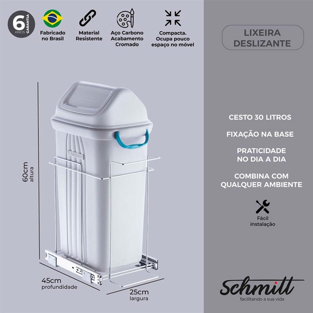 Lixeira Deslizante Simples sem Blindagem Cesto 30 Litros Schmitt Cor Cromado
