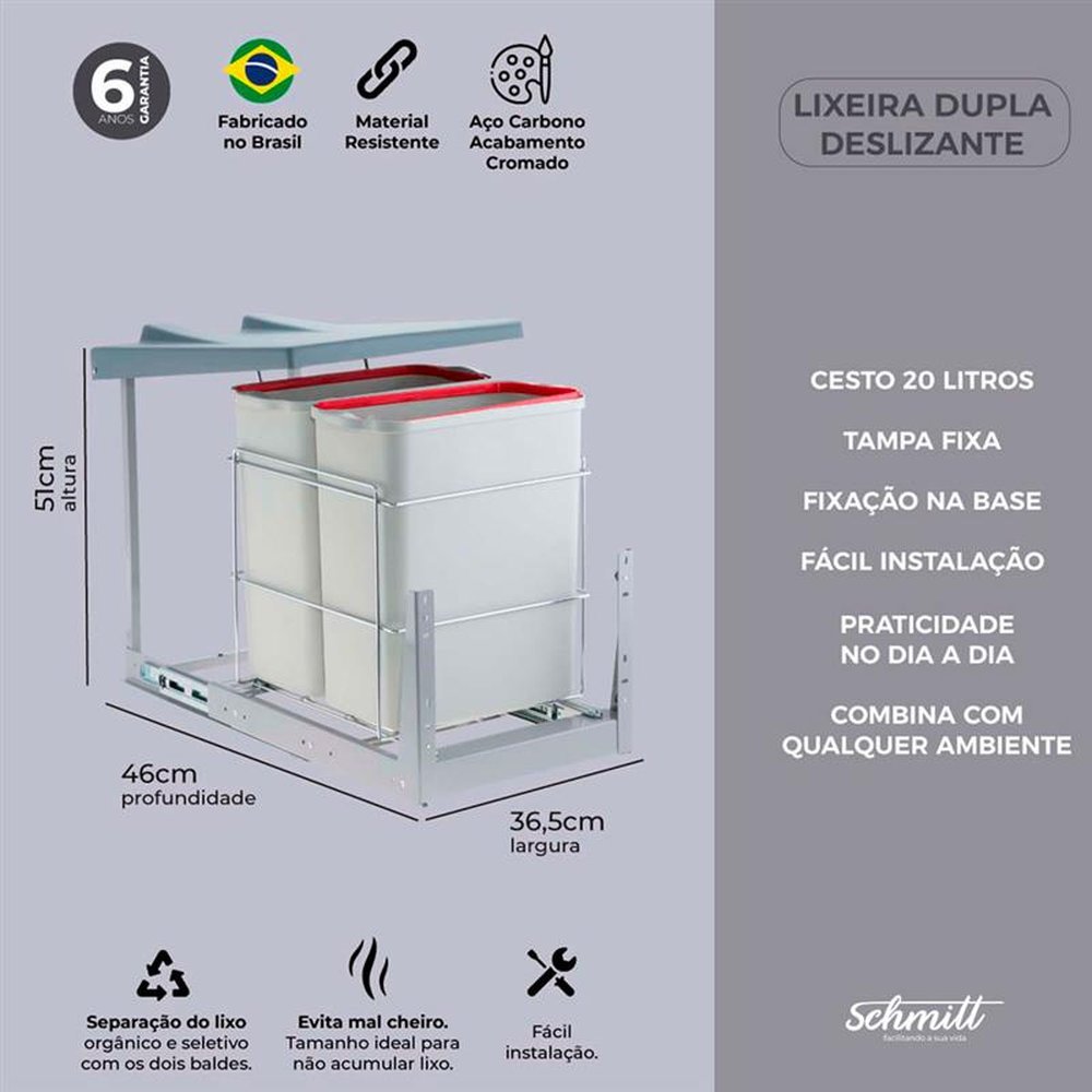 Lixeira Dupla Deslizante com Tampa Fixa Cesto 20 Litros Schmitt Cor Cromado