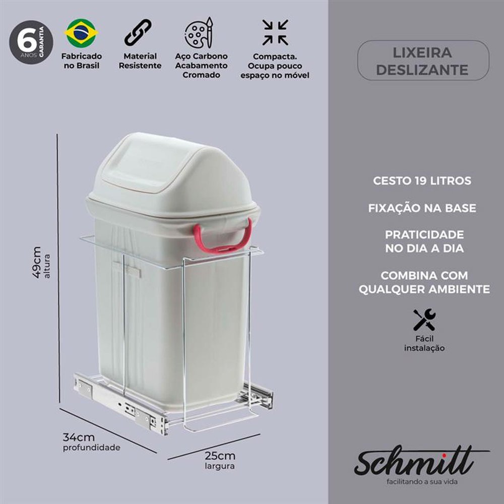 Lixeira Deslizante Simples sem Blindagem Cesto 19 Litros Schmitt Cor Cromado