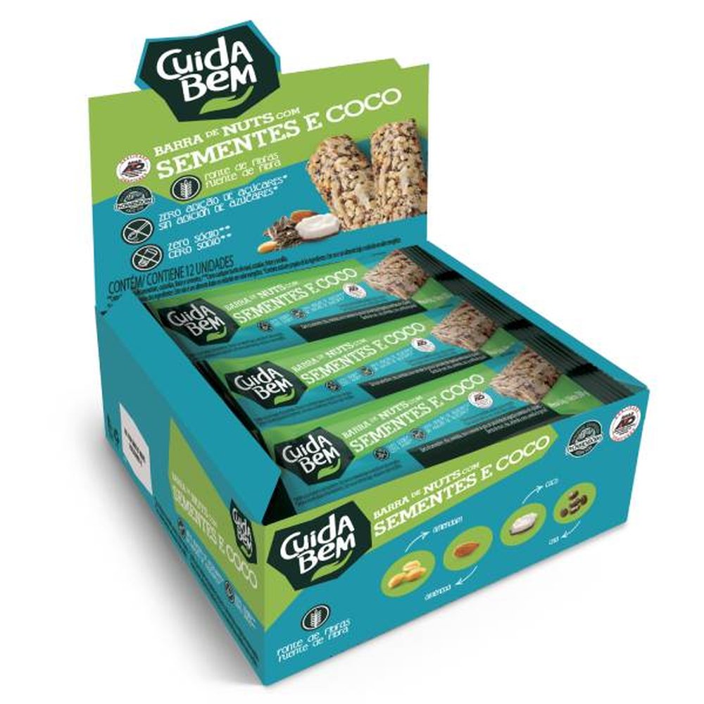 Barra De Nuts Com Sementes E Coco Zero Açúcar Cuida Bem Caixa 360G Com 12 Unidades De 25G Cada