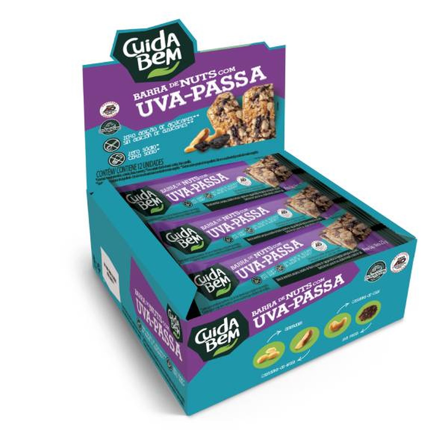 Barra De Nuts Com Uva-Passa Zero Açúcar Cuida Bem Caixa 300 Com 12 Unidades De 25G Cada