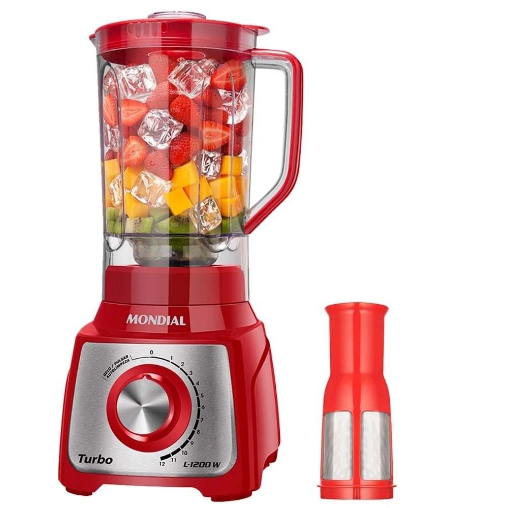 Liquidificador Mondial L-1200 Turbo com Filtro, Copo de Acrilíco, 12 Velocidades + Pulsar, 1200W, Vermelho, 110V