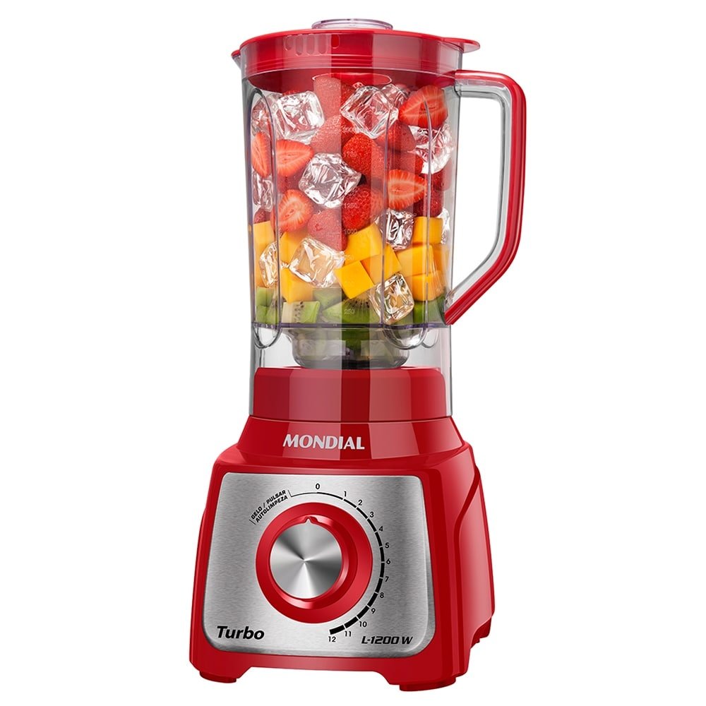 Liquidificador Mondial L-1200 Turbo com Filtro, Copo de Acrilíco, 12 Velocidades + Pulsar, 1200W, Vermelho, 110V