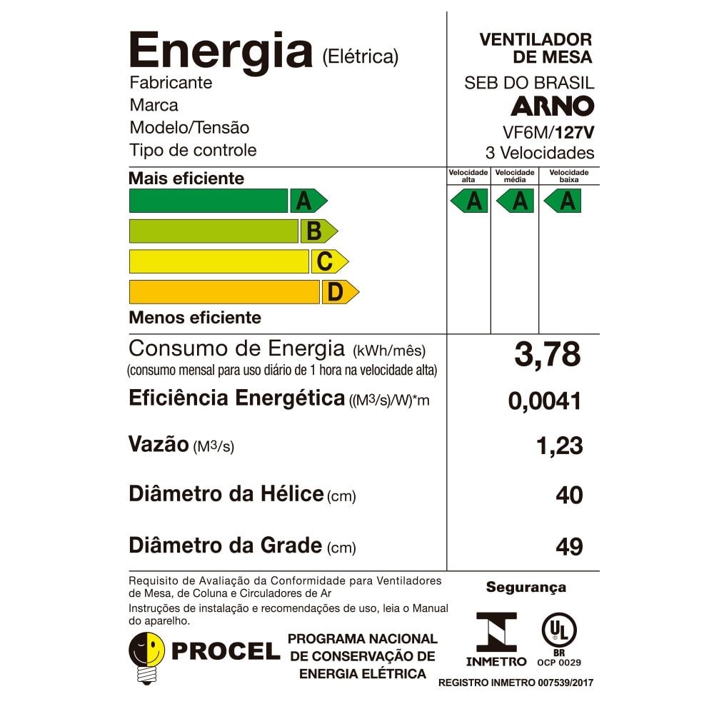 Ventilador de Mesa Arno Silence Force Touch Control VF6M, 40cm, 3 Velocidades, Preto 110V