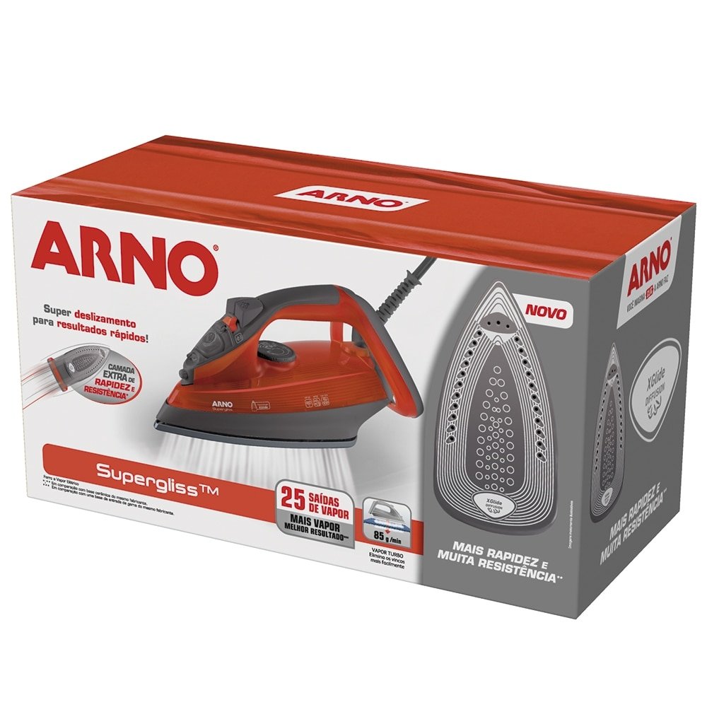 Ferro de Passar a Vapor Arno Supergliss FSX1 | Base Cerâmica, 1200W, Laranja, 110V