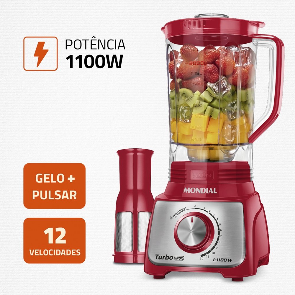 Liquidificador Mondial L-1100RI 3L, 12 Velocidades+Pulsar, 1100W, Vermelho/Inox, 110V