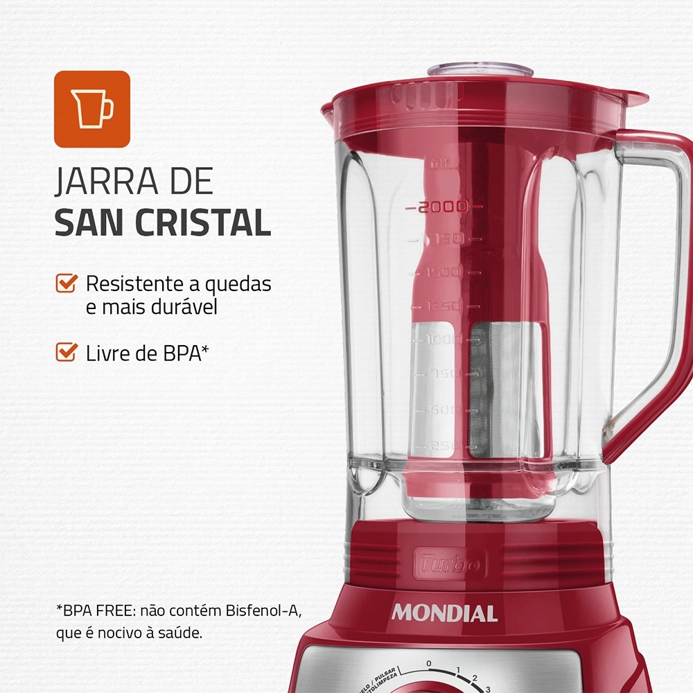 Liquidificador Mondial L-1100RI 3L, 12 Velocidades+Pulsar, 1100W, Vermelho/Inox, 110V
